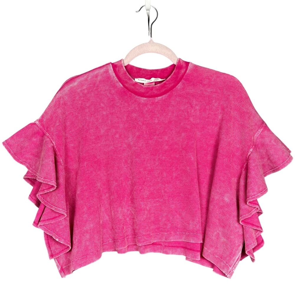 Altar'd State Women Pink Waffle Knit Ruffle Sleeve Crop Top S Barbiecore Boho - Picture 2 of 10